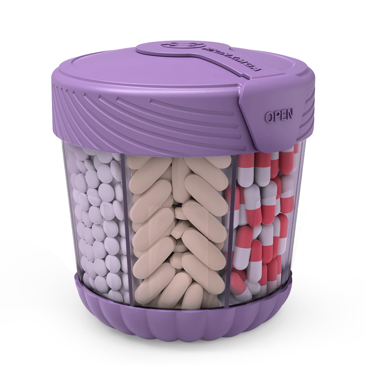 Photo 1 of HIONXMGA Large Pill Dispenser, Portable Pill Bottle Organizer for Holding 7 Various Vitamins, Anti-Mix Supplement Organizer for Travel, Easy Twist Dispensing, 20 Pcs Labels Included, Frosted Purple