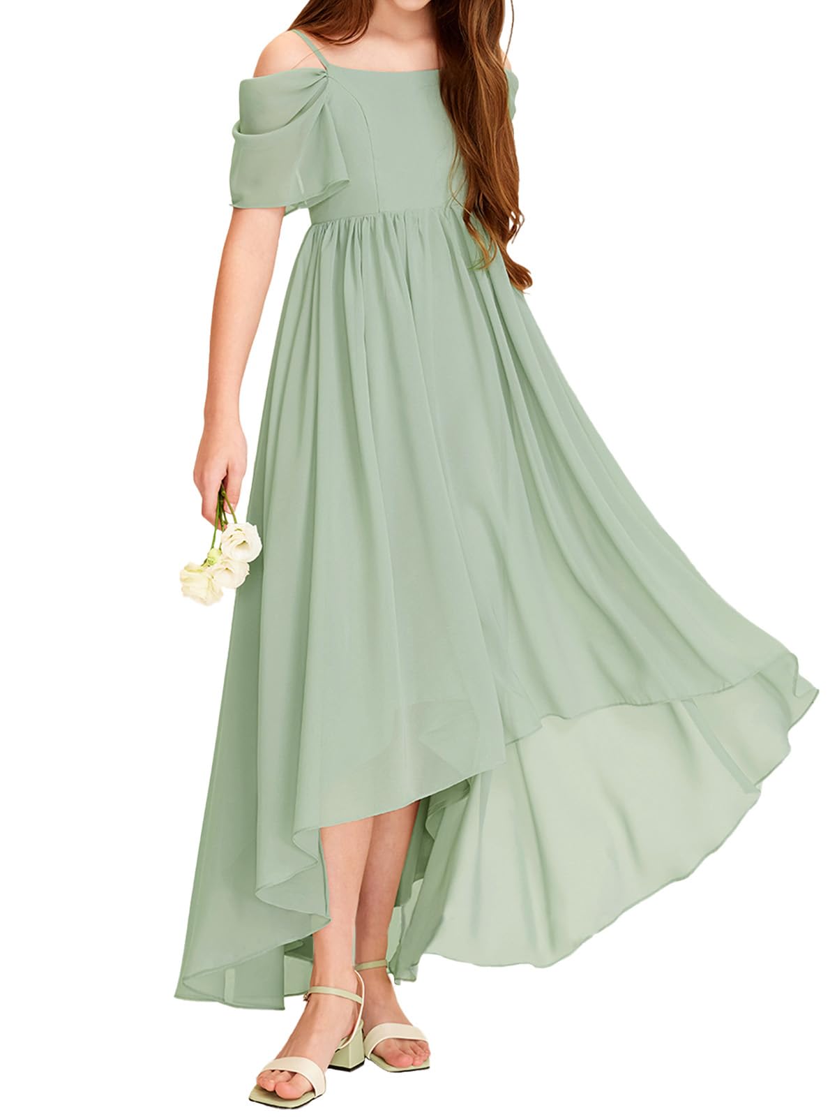 Haloumoning Girls Cold Shoulder Dress A-line Asymmetrical Chiffon Junior Bridesmaid Birthday Party Dress
