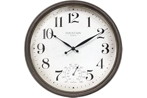 Fountain Designs 13" Maison in/Outdoor Clock with Thermometer, 2 in One Weather Station - Gray Oak Finish (Weather Thermometer/Wall Decoration)