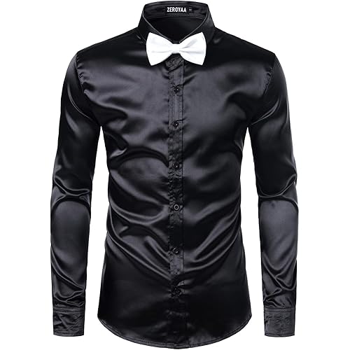ZEROYAA Men's Luxury Shiny Silk Like Satin Button Up Dress Shirts