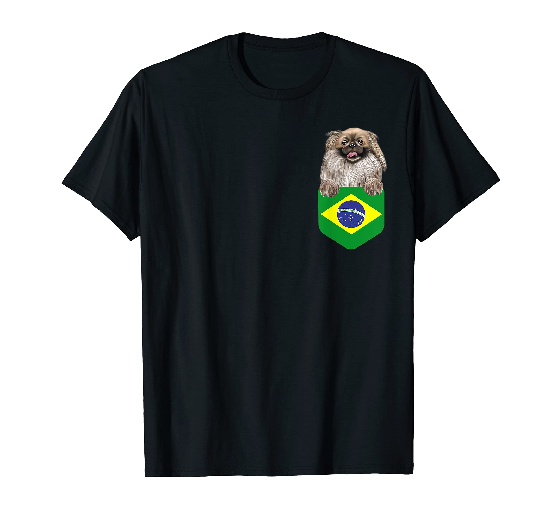 Brazil Flag Pekingese Dog In Pocket T-Shirt