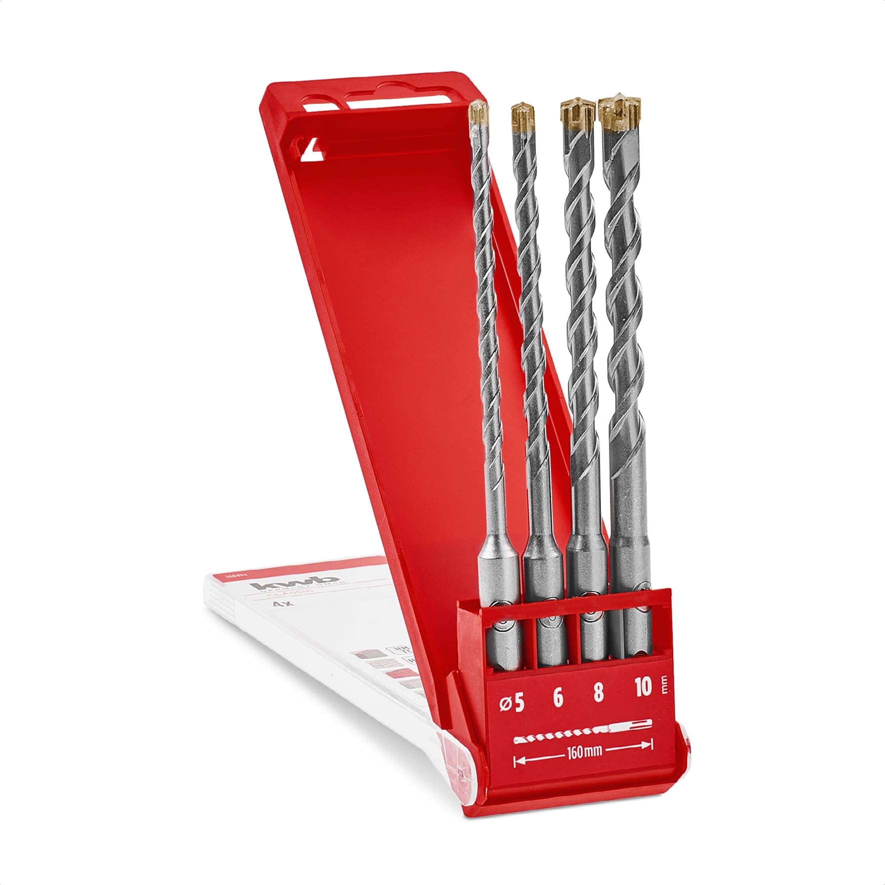 kwb HB2X SDS Plus drill bit set, 4 pcs, 160 mm, Ø 5/6 / 8/10 mm (carbide X cross point, U-shaped milled spiral, 40 CR steel, SDS Plus)
