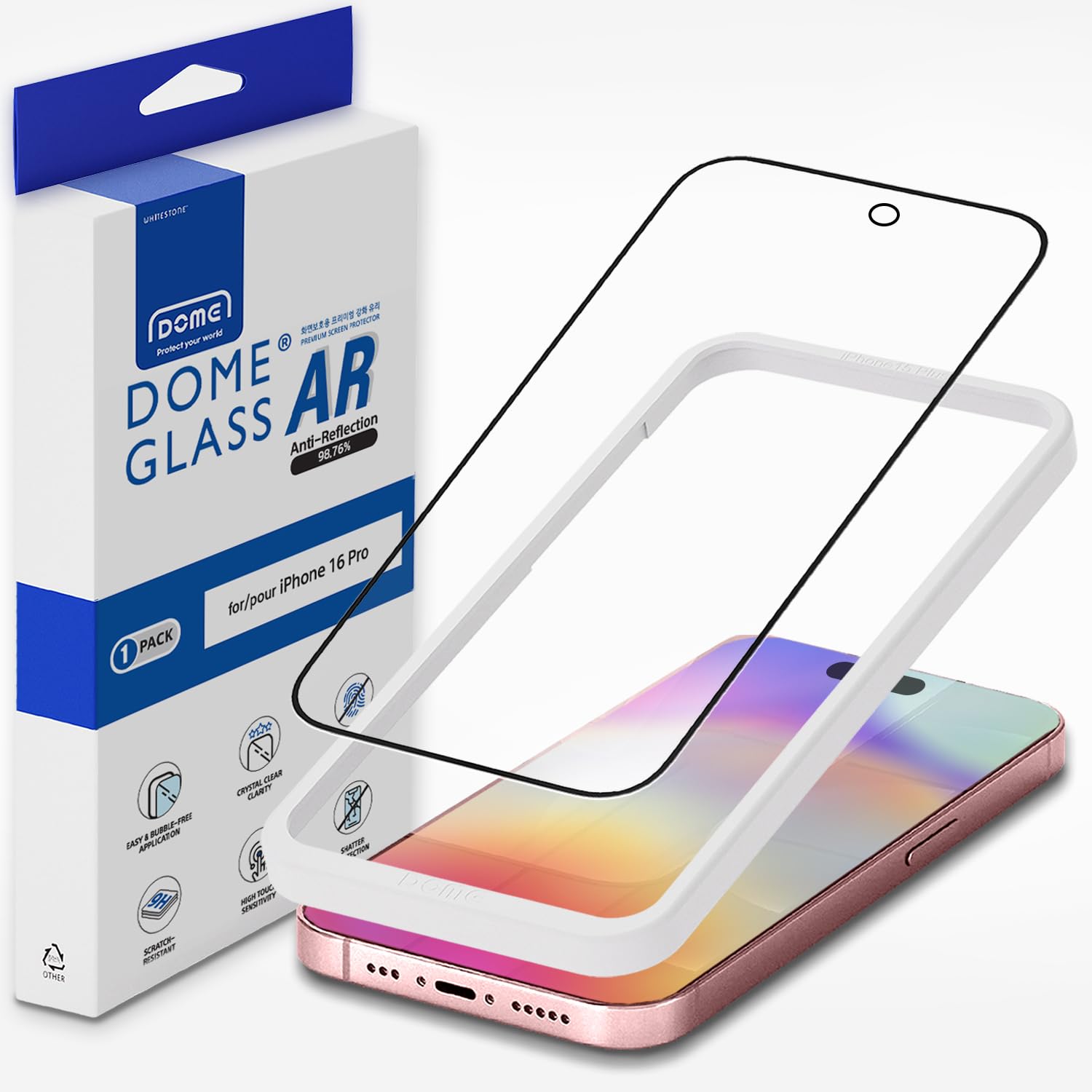 Photo 1 of DOME GLASS Whitestone DOME AR for iPhone 16 Pro [Super Anti-Reflection] Tempered Glass Screen Protector good for outdoor activity