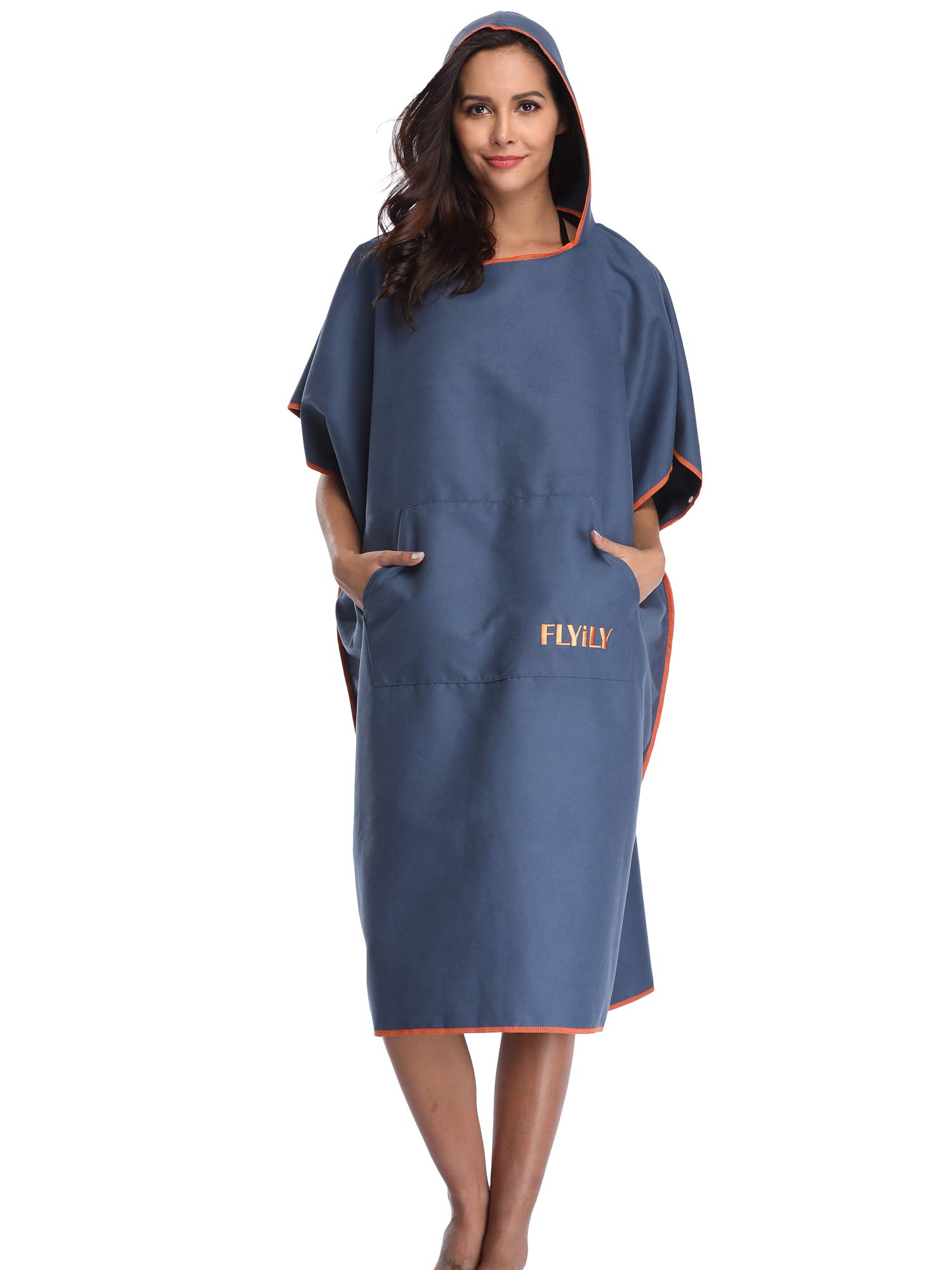 FLYILY Microfibre Surf Poncho Towel with Hood Bath Robe for swimming and beach changing One Size Fit All adults(Navy,L)
