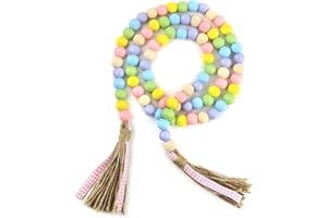 SFONI Easter Wood Bead Garland, Spring Beads Garland Decorations with Jute Rope Plaid Tassel, Farmhouse Rustic Garland for Tiered Tray Decor Easter Party Holiday Wall Hanging Basket Bead Décor, 35"