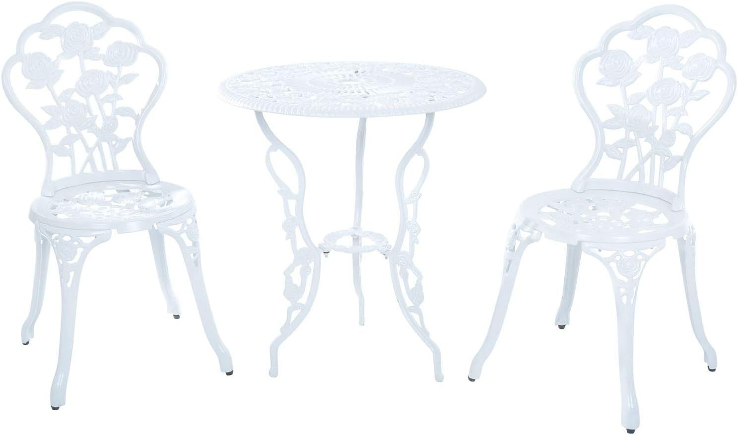Azuma Rose Cast Aluminium Bistro Set Garden Furniture With Classic Floral Table & 2 Chairs For Dining Alfresco Eating Outdoors Patio Conservatory Decking Deck Friends Family Summer - White