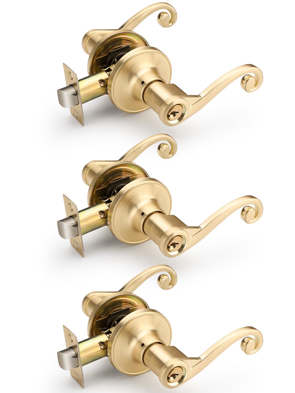 Photo 1 of EHOMEWARE 3 Pack Gold Door Handles, Interior Lockset with Same Key, Bedroom/Living Room Door Knobs, Brass Lever Door Handles, Right Sided Open Door Lockset