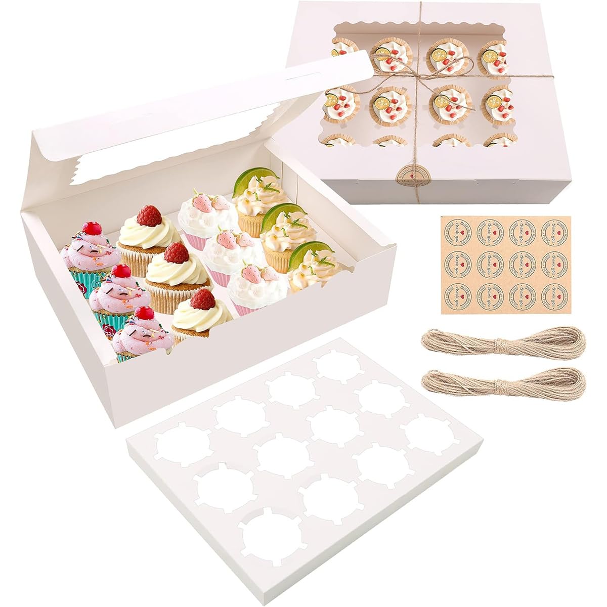 MAMUNU 10PCS 12 Cavity Cupcake Boxes with Window and Inserts, White Bakery Cookie Carrier Boxes Containers Holders with Stickers and Twine String for Muffins Cupcakes Pastries - 32.5 x 24.8 x 9cm