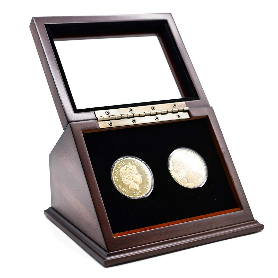 Wooden Display Case Box for 2PCs Challenge Coins with Slanted Glass Window fits 1.75 inch （45mm） Coin Capsule or Coins- Coins are Not Included