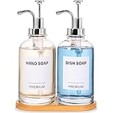Dish Soap Dispenser for Kitchen, Hand Glass Soap Dispenser Set with Pump, Tray, Funnel for Bathroom, Shower, Laundry, Liquid, Lotion (Silver 2 Pack 18 Oz Clear Bottles with 12 Stickers)