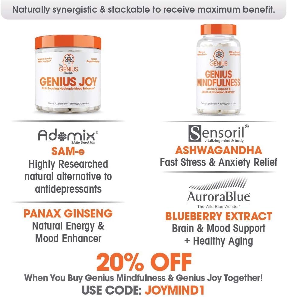 Genius Joy - Serotonin Mood Booster for Anxiety Relief, Wellness & Brain Support, Nootropic Dopamine Stack w/Sam-e, Panax Ginseng & L-Theanine – Natural Anti Stress & Herbal Calm, 100 veggie pills: Health & Personal Care