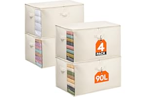 Lifewit 4 Pack Storage Bags for Clothes, 90L Cotton Linen Blanket Storage Bags with Three Sturdy Handles and Clear Window, Cl