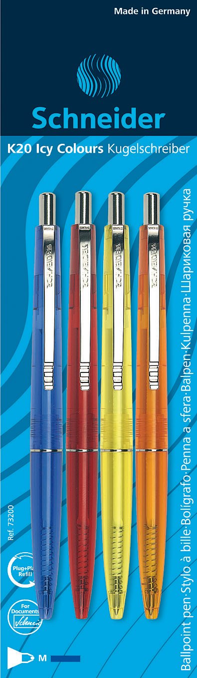 Schneider ICY Colours K20 Ballpoint Pen, M tip, Blue Ink, Blister Pack of 4 Crayons-Assorted Colours