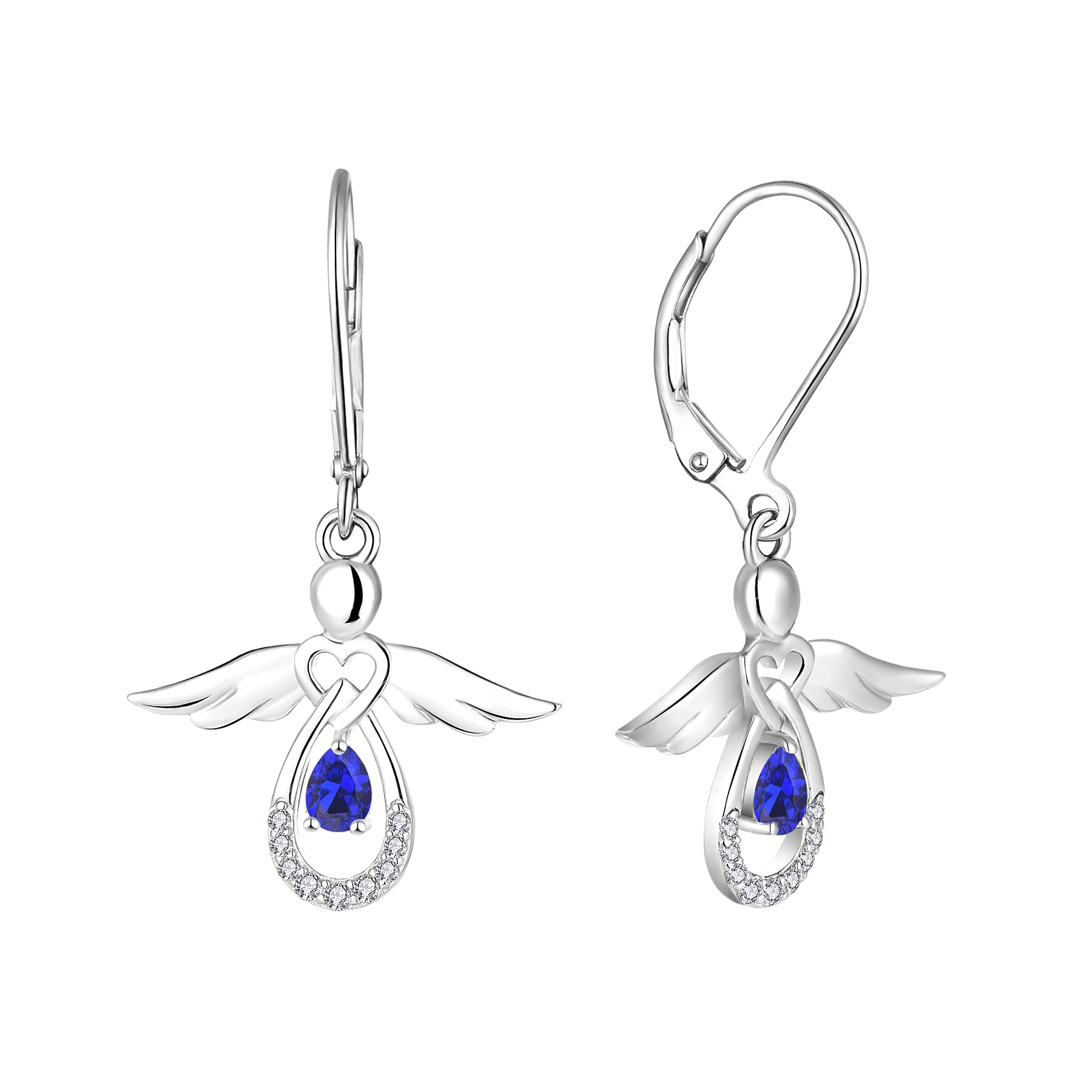 FJ Guardian Angel Earrings 925 Sterling Silver Leverback Dangle Drop Earrings Sapphire September Birthstone Jewellery for Women