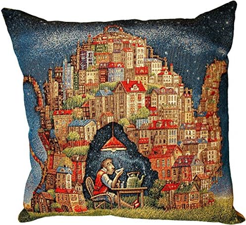 Tapestry Pillowcase "The Tea Party" - Decorative Pillow Cover - Designer Jacquard Cushion Cover - Unique Throw Pillow Case 18x18"