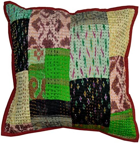 Handmade Kantha Cushion Pillow Cover Patola Sari Patchwork Throw Ethnic India