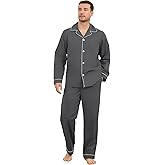 Vulcanodon Mens 100% Cotton Pajamas Set, Soft Long Sleeve Pajamas for men Lightweight Button Up Sleepwear Loungewear Pjs Set