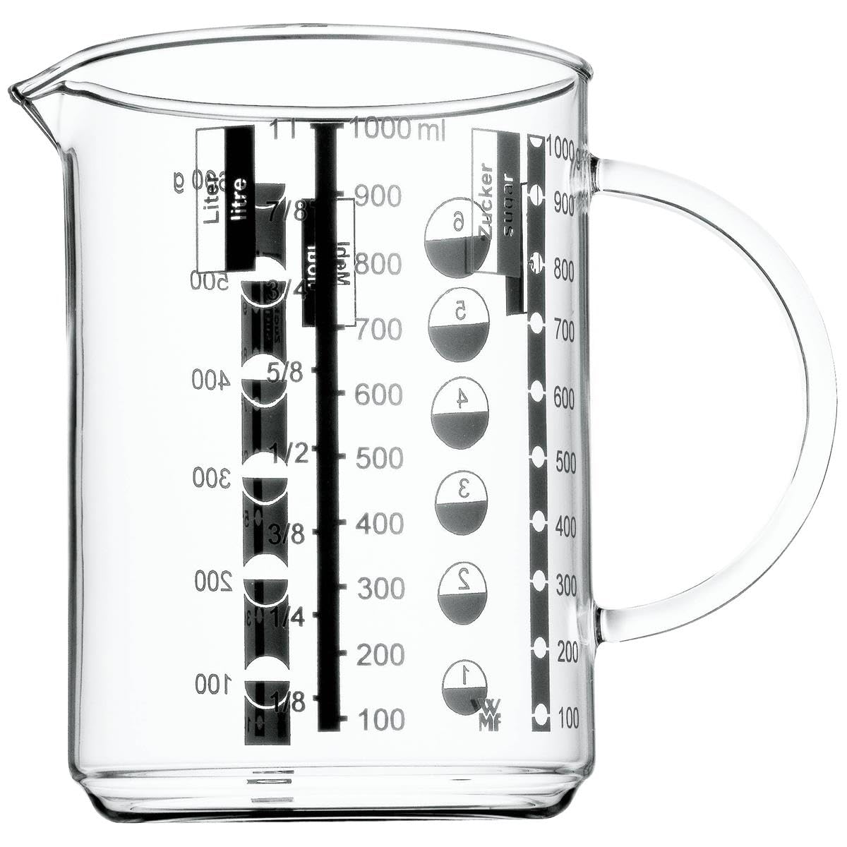 WMF Gourmet Glass Measuring Cup, 1 Litre, Heat Resistant Glass, Scale for Litres, Millilitres, Cups and Grams