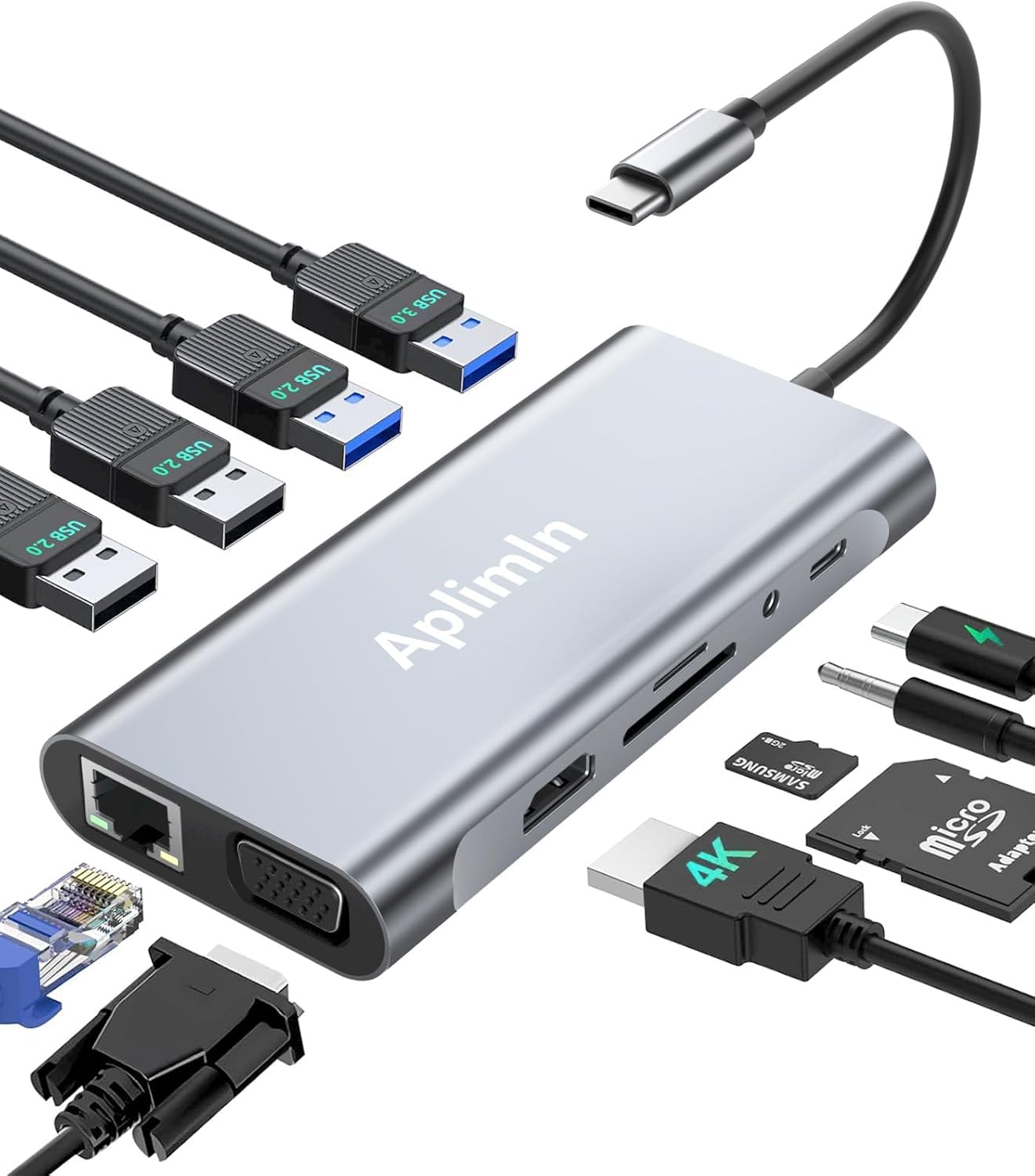 Photo 1 of USB C HUB, USB C Adapter 11 in 1 Dongle with 4K HDMI, VGA, PD 100W, 1 X USB 3.0, 3 X USB 2.0 Ethernet, SD/TF Card Reader, 3.5mm Headphone Jack for iPhone 16/15 MacBook Pro/Air, Other Type C Laptops
