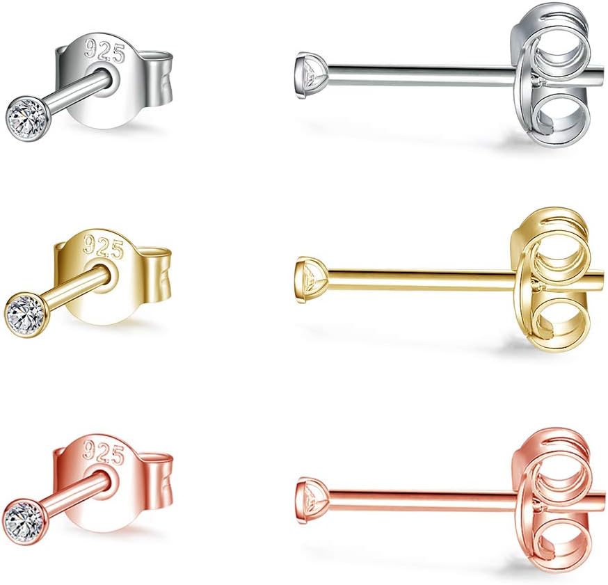 CERSLIMOSilver Stud Earrings for Women Men Girls, 3 Pairs Sterling Silver Tiny Round Stud Earrings Small Dainty Cartilage Tragus Cubic Zirconia Earrings Set (2/3/4mm, Silver/Gold/Rose Gold)
