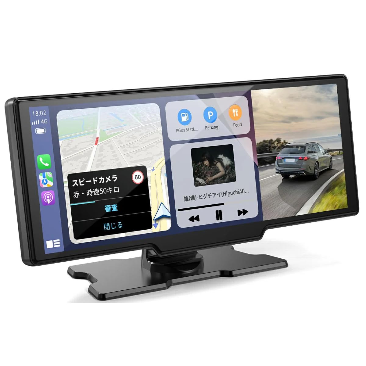 Kuayvan ディスプレイオーディオ 4Kフロントカメラと1080Pリアカメラ付き 10インチ ポータブル カーオーディオ CarPlay＆Android Autoに対応 カーナビ オーディオ一体型ナビ ミラーリング対応 WiFi Bluetooth接続 車Bluetooth音声出力可 ステレオ AUX FMトランスミッター ナビ 音楽 電話 64GBカード含み 工事不要 日本語説明書 ブラック商品画像