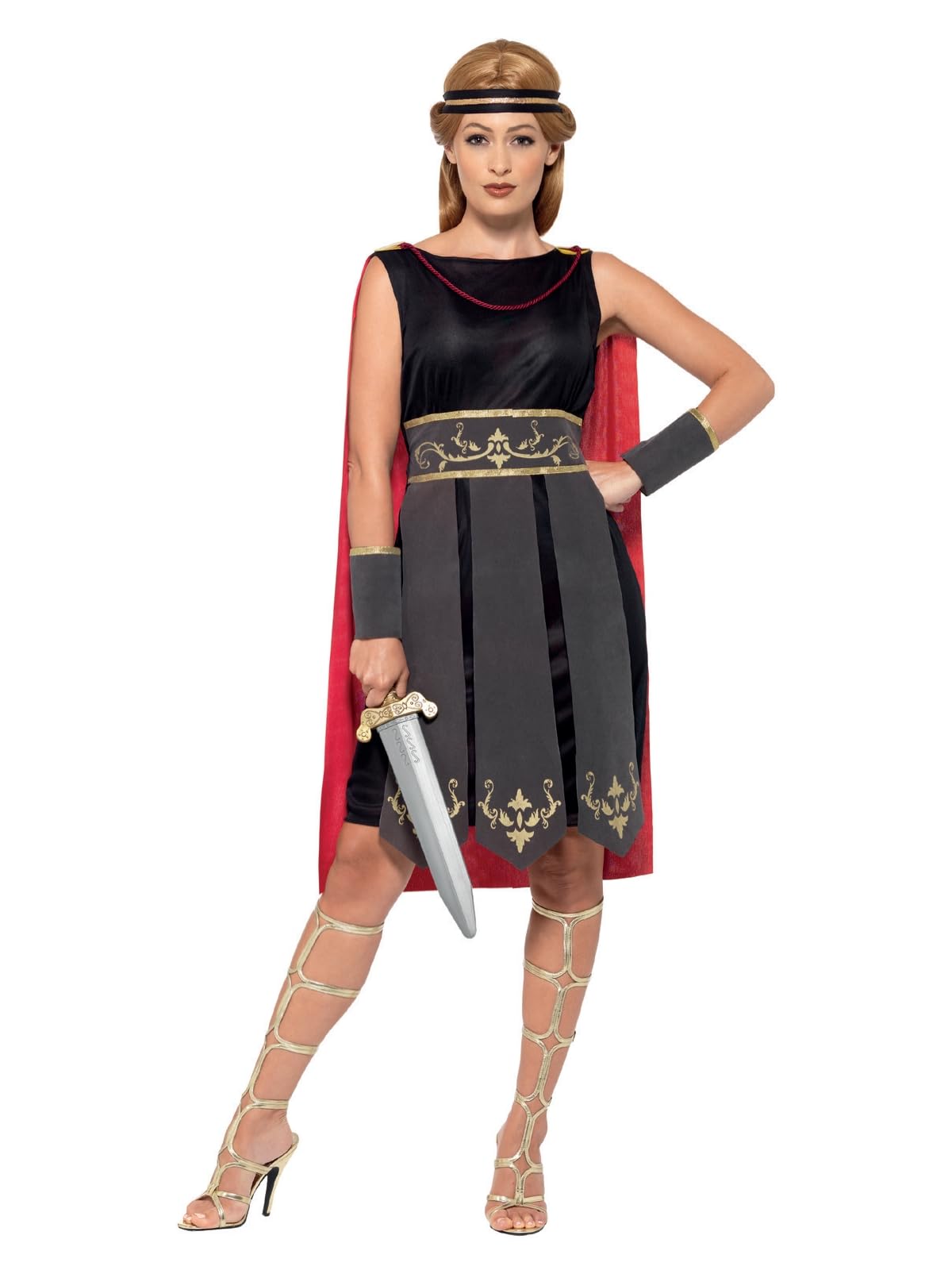 Smiffys Roman Warrior Costume, Black with Dress, Attached Cape, Arm Cuffs & Headband, Legends & Myths Fancy Dress, Adult Dress Up Costumes
