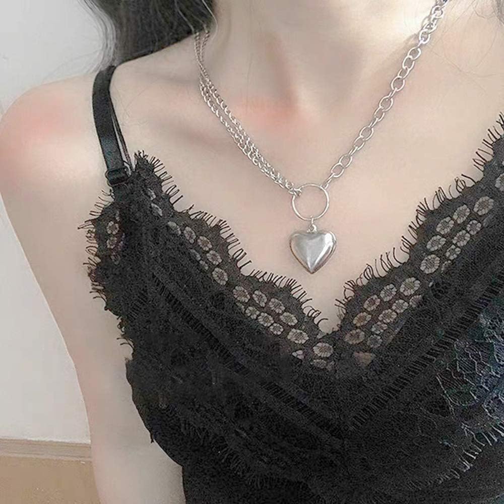 Huture Punk Rapper Style Necklace Jewelry Love Heart Shaped Pendant Retro Asymmetry Choker Collar Chain Necklace Locket Simple Shaped Plain Fine Gift for Women Teens Girls Charm, Silver : Clothing
