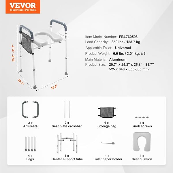 VEVOR RAISED TOILET SEAT, 7-POSITION HEIGHT ADJUSTMENT 19.3″ – 25.2″, 350LBS WEIGHT CAPACITY, WITH COMFORT PADDED ALUMINUM FRAME, UNIVERSAL TOILET SEAT RISER, FOR ELDERLY, HANDICAP, PREGNANT, MEDICAL