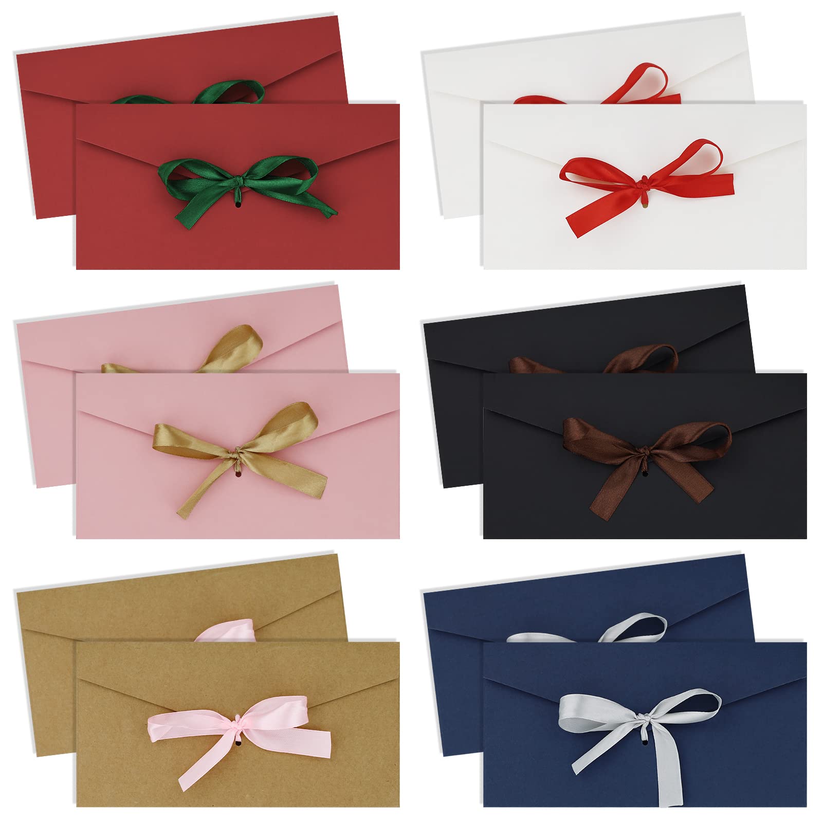 SZXMDKH 12 Pcs Gift Envelopes, Large Envelopes with Ribbon Vintage Envelope for Invitations, Christmas, New Year 22 x 11 cm (6 Colors)