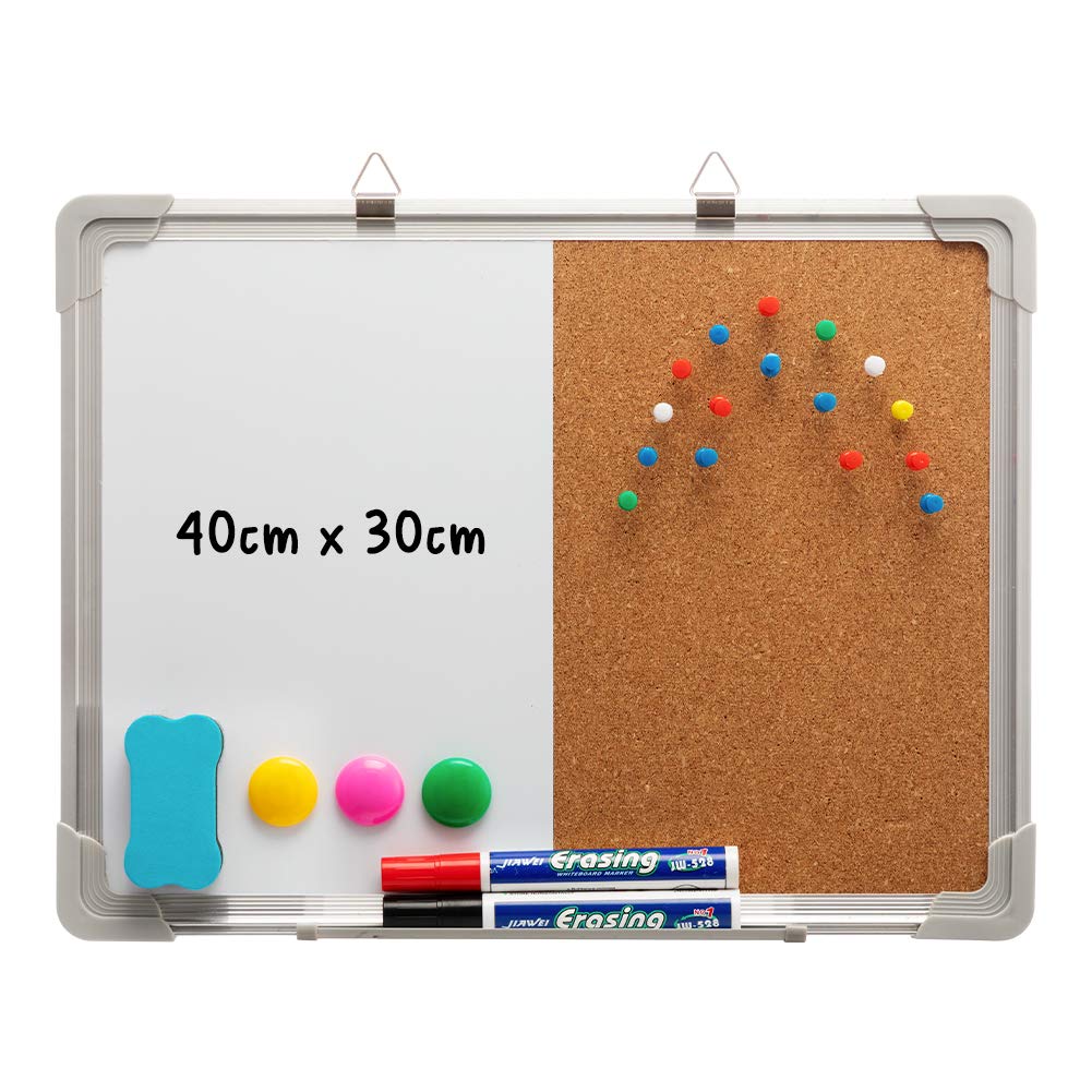 DOEWORKS Magnetic Whiteboard & Bulletin Board Set 40 x 30cm Combination Board Double Sides, Wall Mounted Hanging Noticeboard, Dry Erase & Cork Board for Home Office School