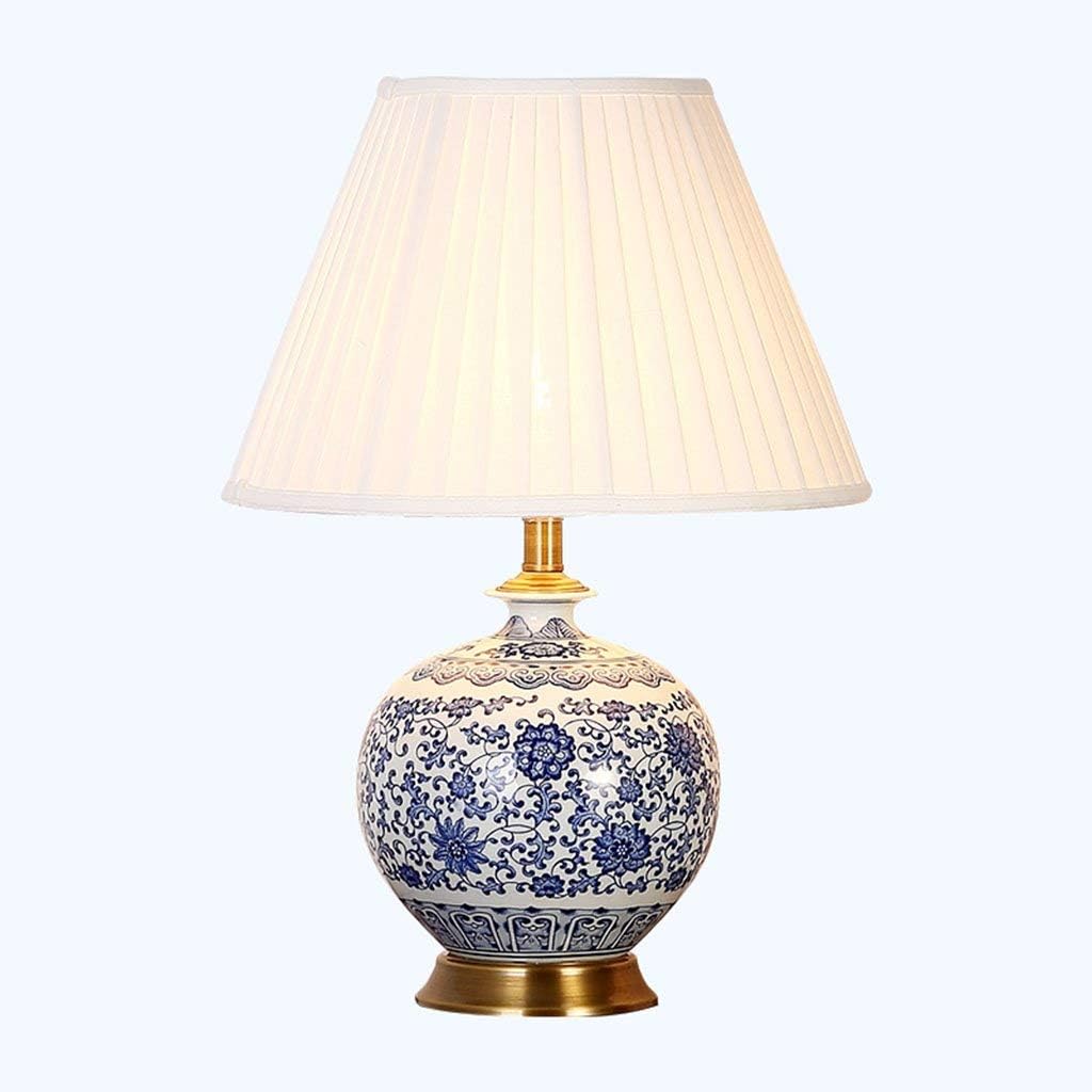 QFF Table Lamp Blue and White Porcelain Lamp Body Cloth Lampshade is Suitable for All Bedrooms and Living Room White Fabric Table lamp