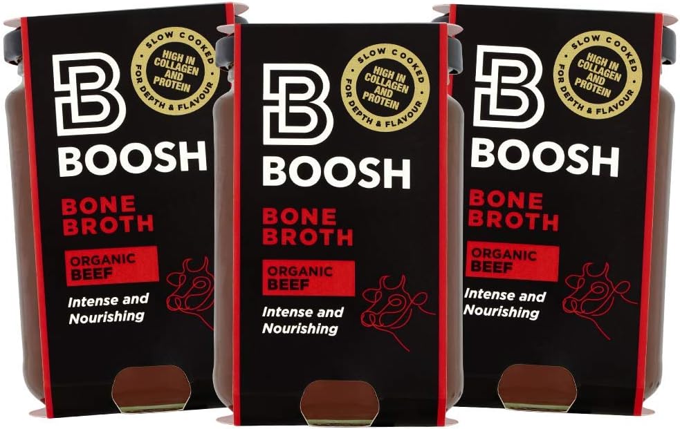 Boosh Bone Broth | Organic Beef | Rich and Comforting, Grassfed, Packed with Collagen, Protein & Electrolytes | Portable, Plastic-Free | for Low Carb, Keto, Fasting, Paleo | 4 Pack x 350mL