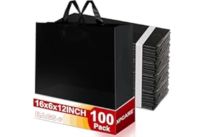 XPCARE 100Pack Frosted Plastic Gift Bags, 16x6x12 Black Plastic Shopping Bags with Handles for Small Business, Boutiques, Retail Stores, Gifts & Merchandise