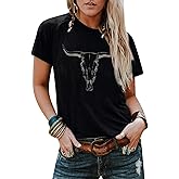 Boho Cow Skull Shirt Women Cowgirl t Shirt Vintage Western Rodeo Graphic Tee Short Sleeve Bull Skull Casual Top
