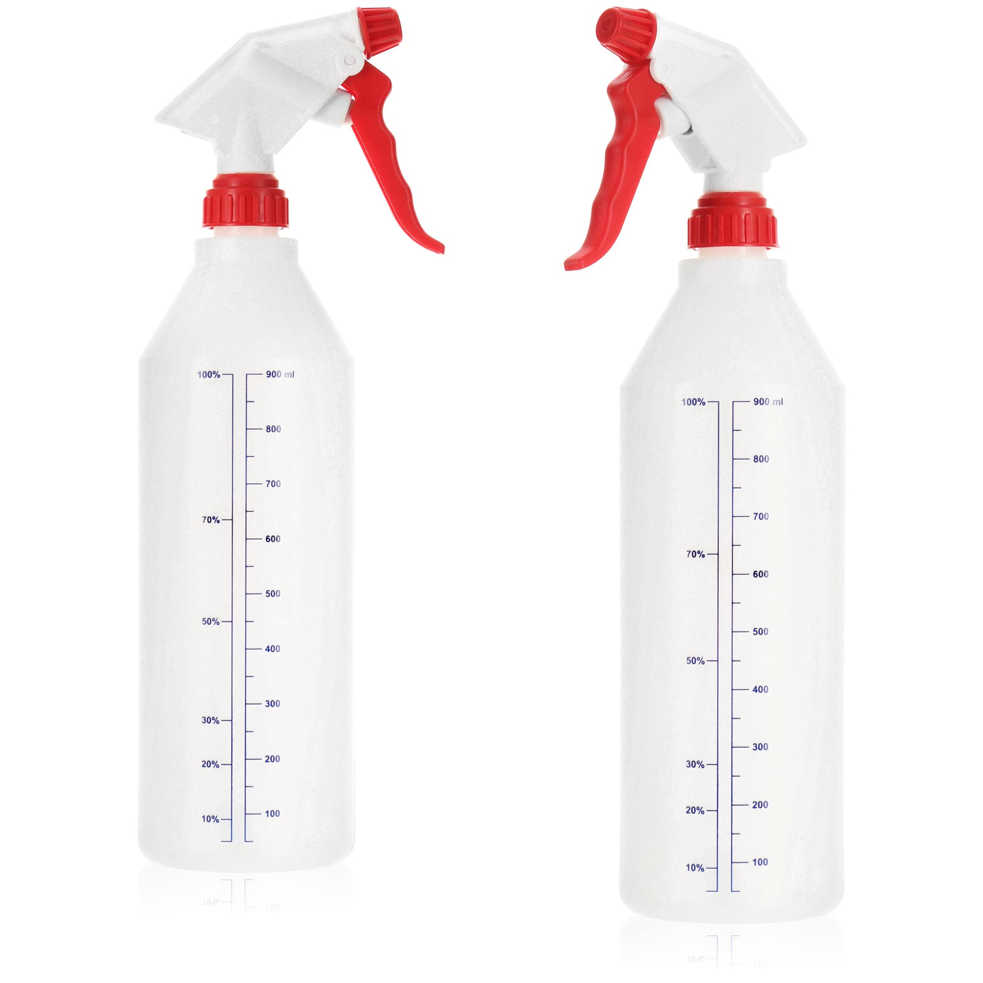 com-four® 2x spray bottle with scale - water pump sprayer with 28/400 thread for household, garden, workshop, car - 900 ml atomizer with adjustable nozzle (White-red)