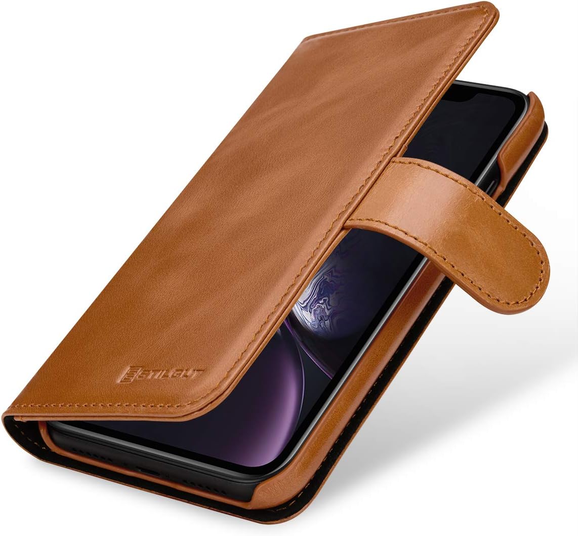 StilGutWallet Case for iPhone XR, Genuine Leather iPhone XR with Card Slots & Magnetic Closure, Cognac Brown