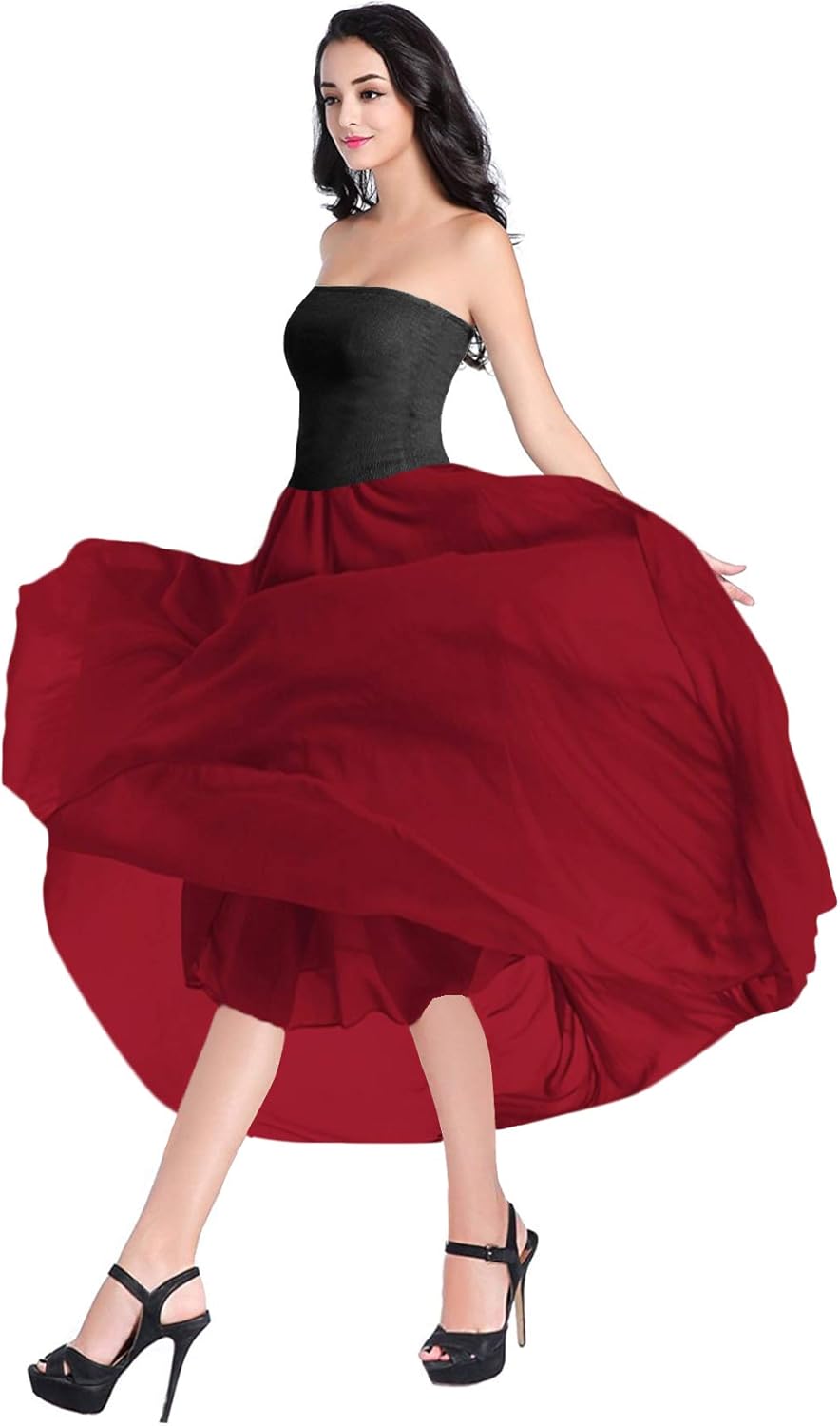 v28 Women Full/Ankle Length Elastic Pleated Retro Maxi Chiffon Long Skirt at  Women’s Clothing store