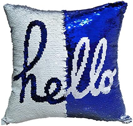 Positioning Embroidery Pillow Cases Reversible Sequins Mermaid Pillow Covers,Valentine 's Day Children' s Day Gift 40×40 cm Magical Color Changing Pillowcase Indoor Decorations (Hello_White+Blue)
