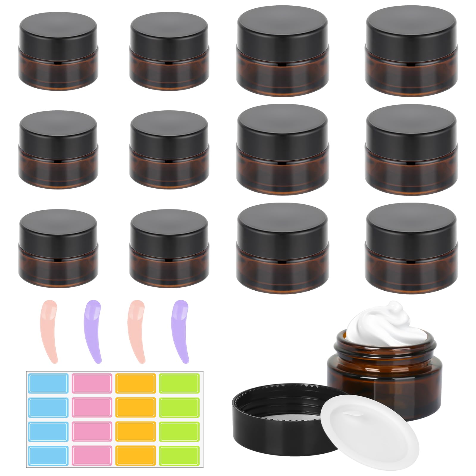 12Pcs Brown Glass Cosmetic Tinted Jars with Spoon and Sticker - 20ml/30ml Mini Round Amber Sample Container With Lids for Powder Lotion Creams