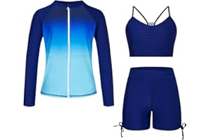 Funnycokid Girls Swimsuit 3 Pieces Zip Rash Guard Bathing Suits Set Kids Bikini Boyshort Summer Swimwear 3-14 Years