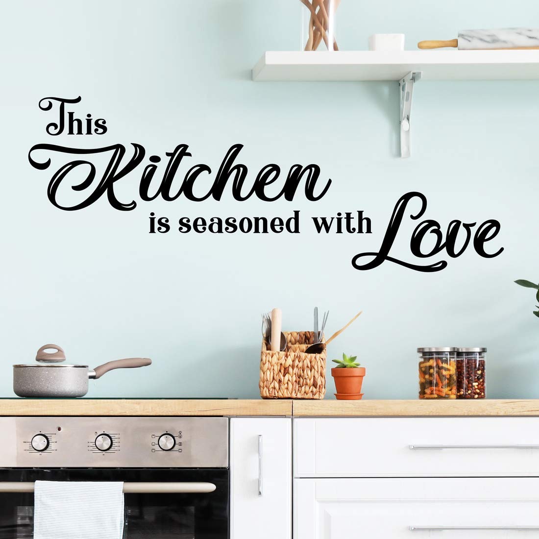 Kitchen seasoned with love wall sticker tile adhesive art decor vinyl decoration display kitchen decor self adhesive design dining room chalk board paint effect lettering wording saying peel and stick