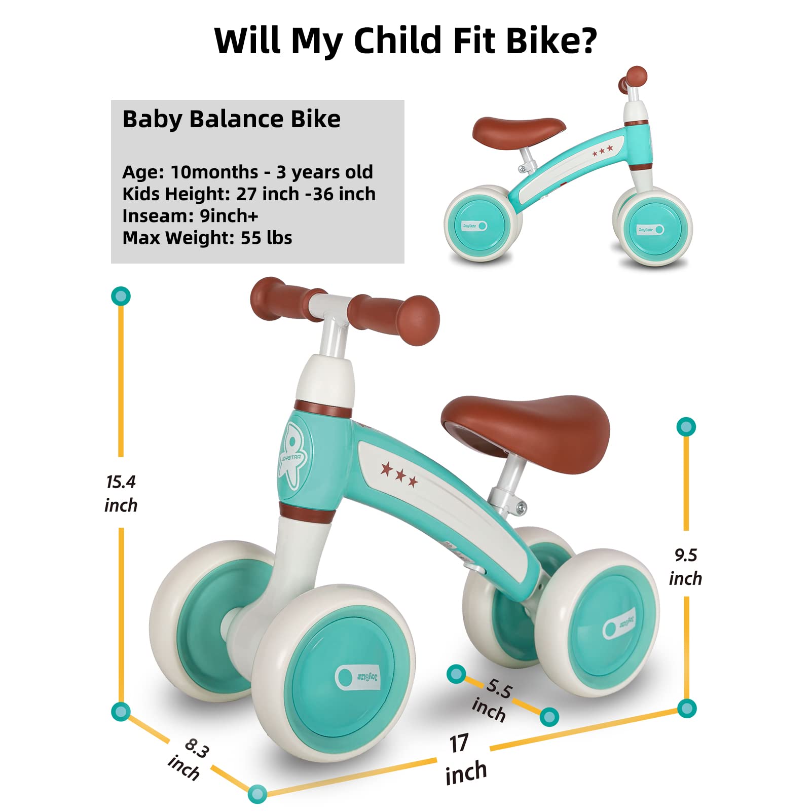 JOYSTAR Baby Balance Bike for 2 Year Old No Pedal 4 Wheels Toddler Bike, Toddler Ride On Toys for Ages 1-3 Years Boys Girls Best First Birthday Gifts