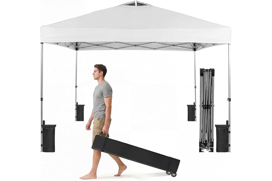 OLIXIS 10x10ft 1-Person Pop Up Canopy Tent, Heavy Duty One Push Setup Portable Outdoor Shelter for Beach Events Camping with Rolling Carry Bag, Snow White