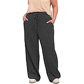 ROSRISS Womens-Plus-Size Wide Leg Pants Elastic High Waisted Casual Ribbed Knit Palazzo Pants Trousers with Pockets 1X-5X