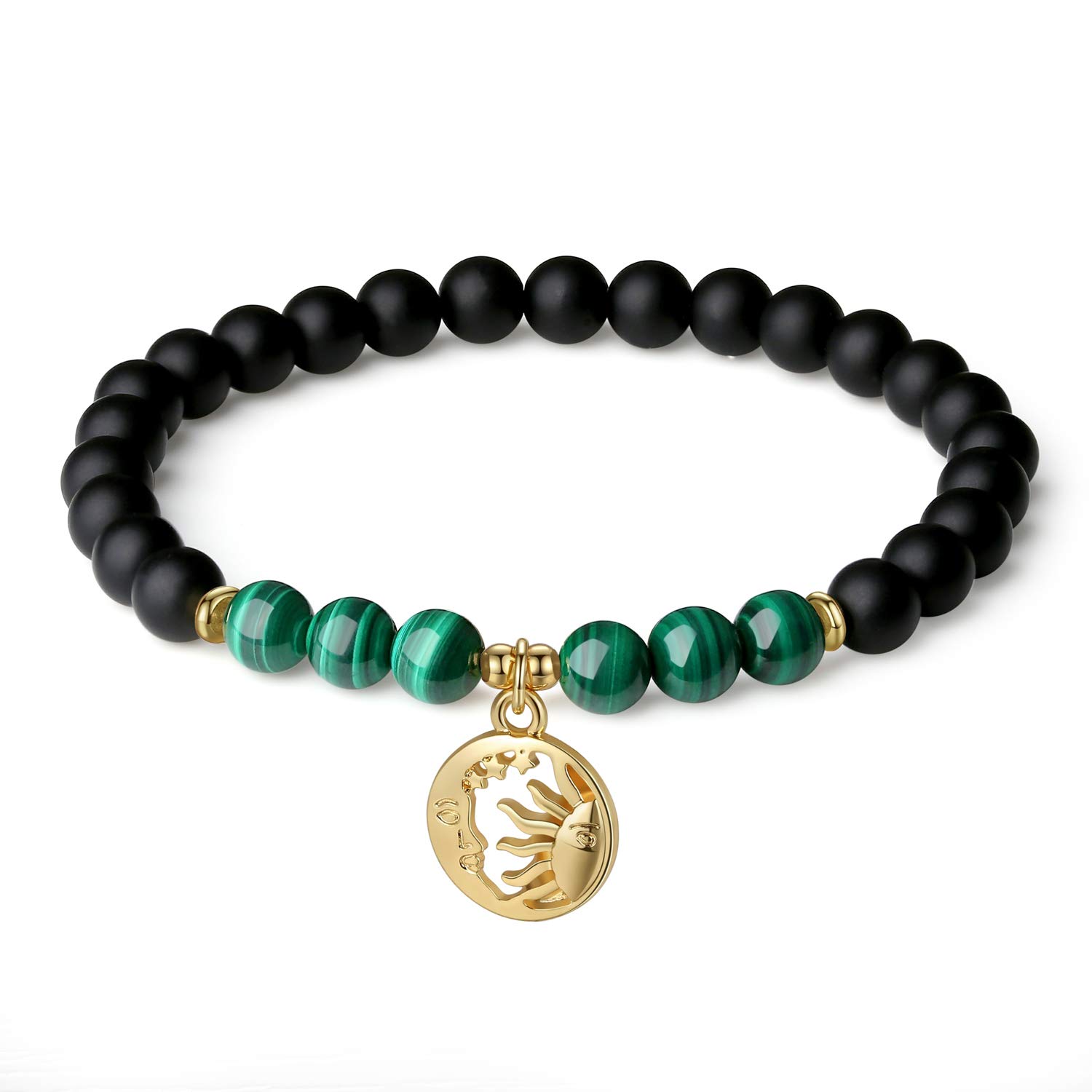 coai Womens Moon and Sun Malachite Matte Onyx Stone Stretch Bracelet