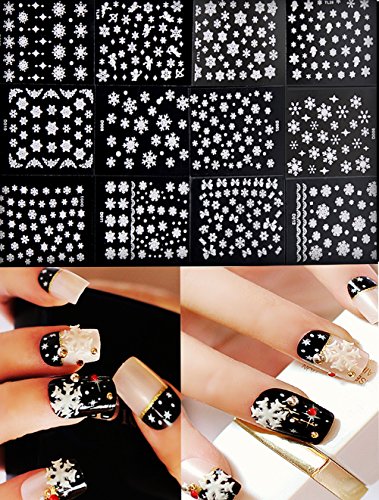 Chinatera 12 Sheet Christmas Snowflake 3D Nail Art Sticker Decal Tips Decoration, White