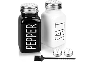 2 Pack Salt and Pepper Shakers Set, Glass Shaker with Stainless Steel Lid, Modern and Cute Farmhouse (Black and White)