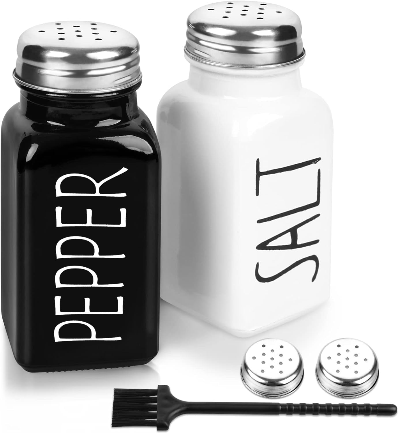 Photo 1 of 2 Pack Salt and Pepper Shakers Set, Glass Shaker with Stainless Steel Lid, Modern and Cute Farmhouse (Black and White)
