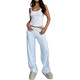 ROAONOCOMO Women Floral 2 Piece Lounge Set Spaghetti Strap Crop Camisole Elastic Waist Wide Leg Pajama Pants Sleepwear