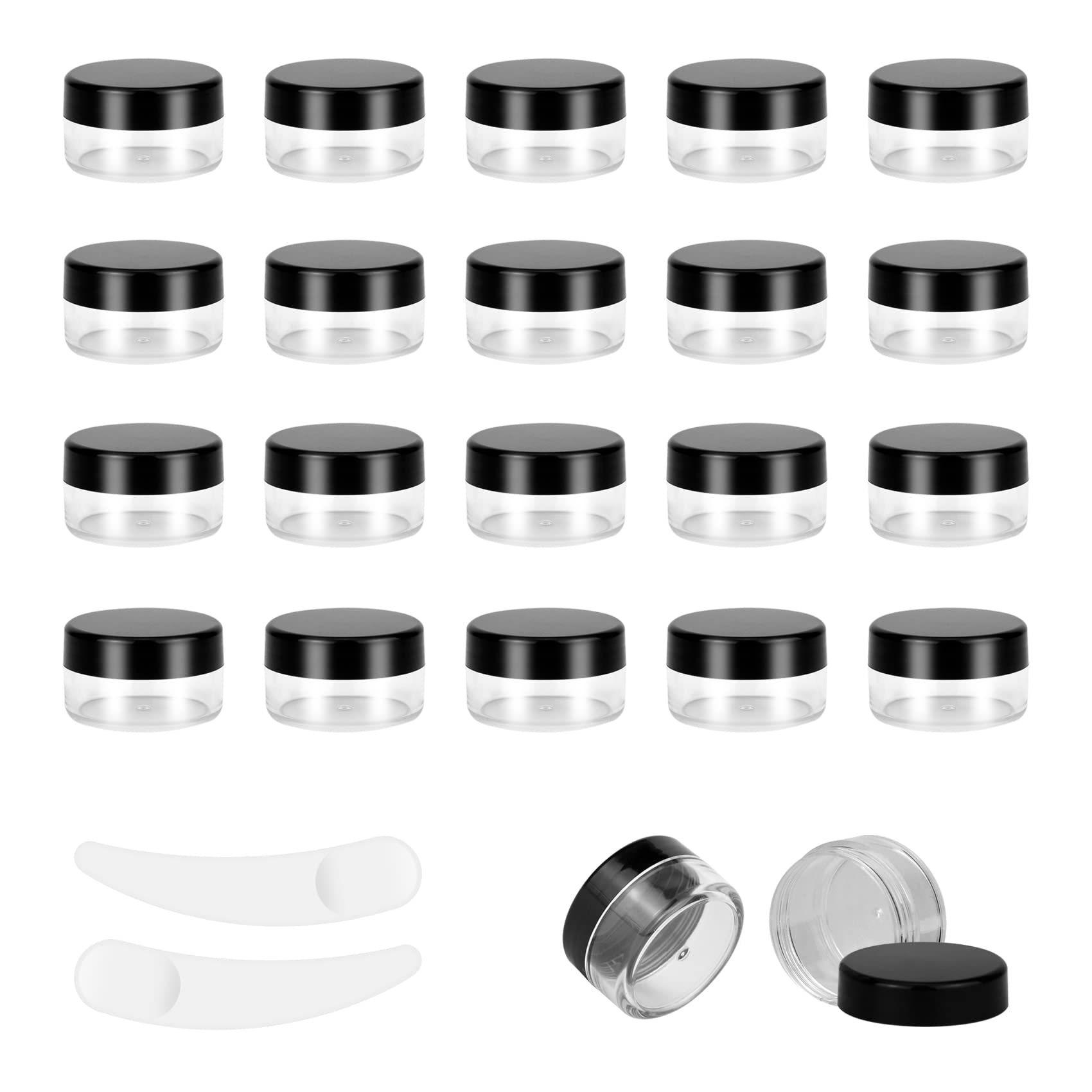 20pcs 5Gram/5ml Jars, Sample Pots, Mini Jars With Lids, Clear Round Plastic Jar With 2 Mini Spatulas For Various Cosmetic Products, Samples， Eye Shadow Lip Balm, and Nail Powder (Black)